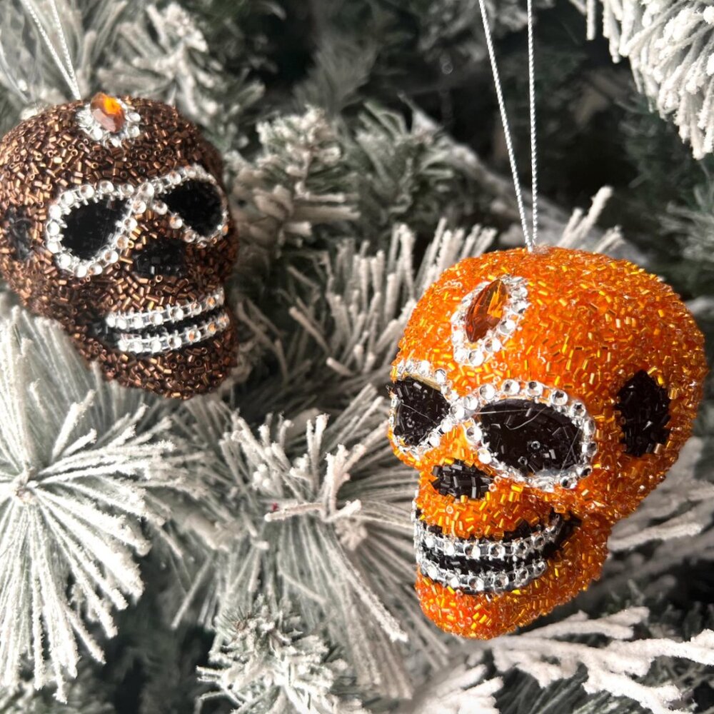 Beaded Intricate Brown or Orange Skull Ornament Halloween, Christmas Decoration